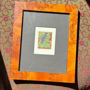 Framed Botanical Bird Art with Burl Wood Frame